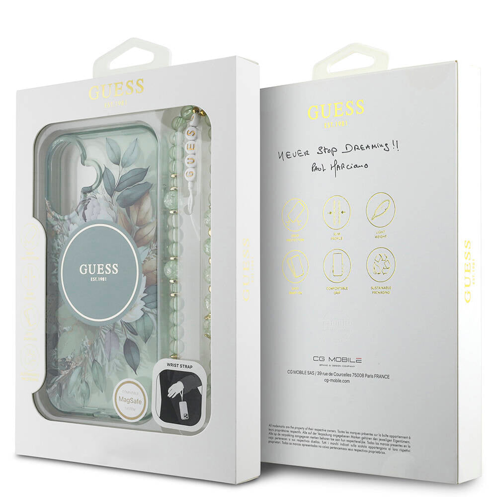 iPhone 16 Plus Kılıf Guess Orjinal Lisanslı M-safe Şarj Özellikli IML Baskılı Çiçek İnci Bileklikli Kılıf