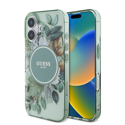 iPhone 16 Plus Kılıf Guess Orjinal Lisanslı M-safe Şarj Özellikli IML Baskılı Çiçek İnci Bileklikli Kılıf