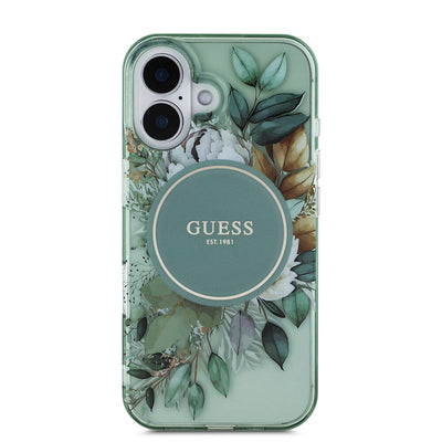 Apple iPhone 16 Plus Kılıf Guess Orjinal Lisanslı Magsafe Şarj Özellikli IML Baskılı Çiçek İnci Bileklikli Kapak Yeşil