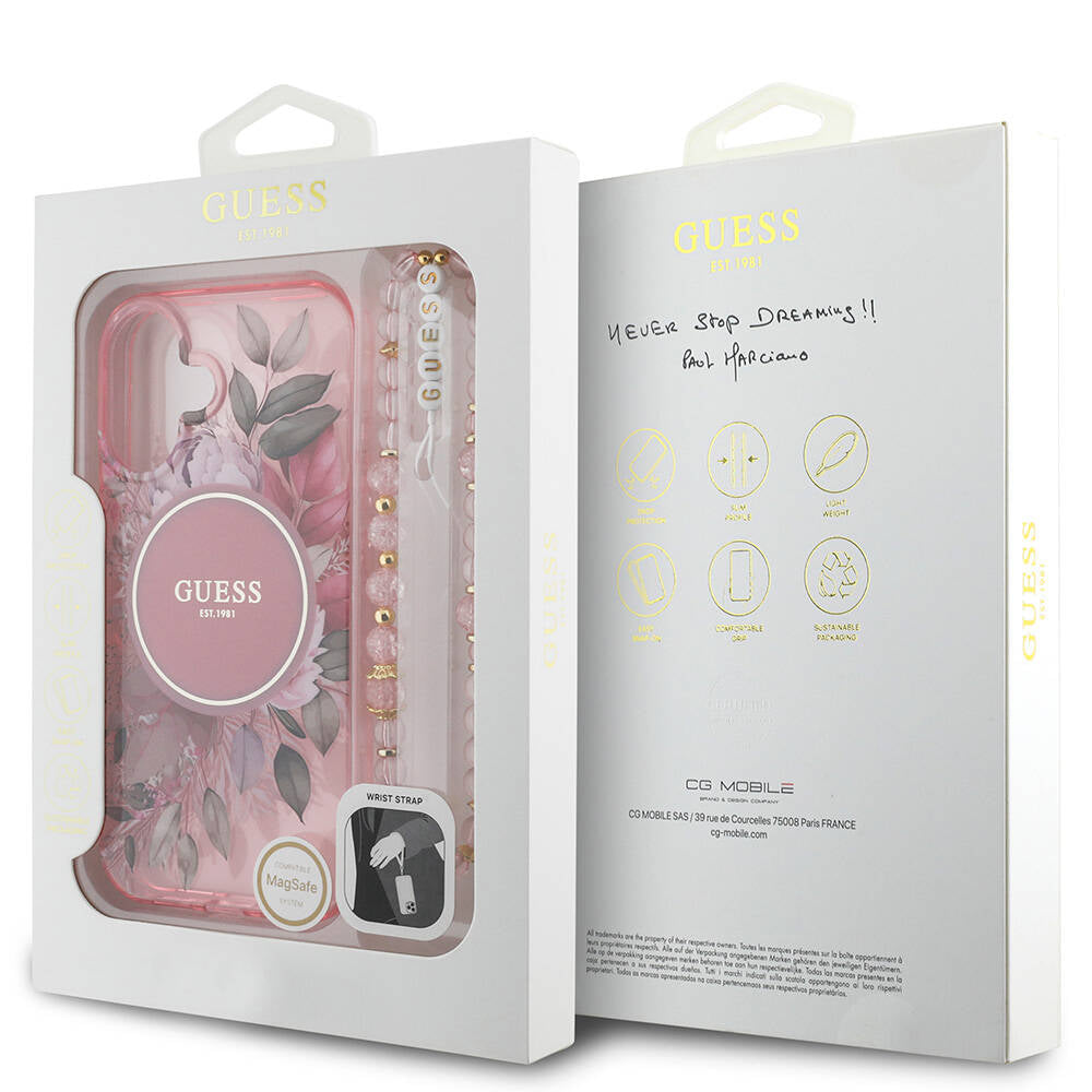 iPhone 16 Plus Kılıf Guess Orjinal Lisanslı M-safe Şarj Özellikli IML Baskılı Çiçek İnci Bileklikli Kılıf