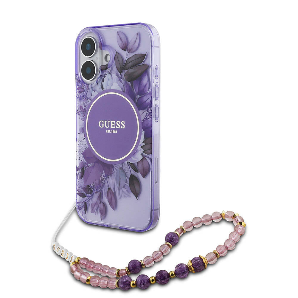 iPhone 16 Plus Kılıf Guess Orjinal Lisanslı M-safe Şarj Özellikli IML Baskılı Çiçek İnci Bileklikli Kılıf