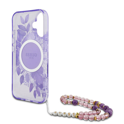 iPhone 16 Plus Kılıf Guess Orjinal Lisanslı M-safe Şarj Özellikli IML Baskılı Çiçek İnci Bileklikli Kılıf