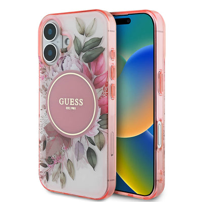Apple iPhone 16 Plus Kılıf Guess Orjinal Lisanslı Magsafe Şarj Özellikli IML Baskılı Yazı Logolu Flower Tonal Circle Kapak Pembe