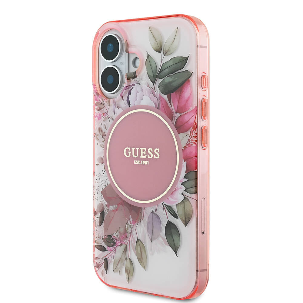 iPhone 16 Plus Kılıf Guess Orjinal Lisanslı M-safe Şarj Özellikli IML Baskılı Yazı Logolu Flower Tonal Circle Kılıf