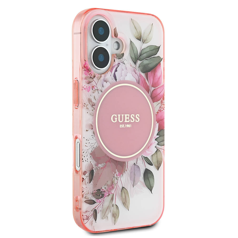 Apple iPhone 16 Plus Kılıf Guess Orjinal Lisanslı Magsafe Şarj Özellikli IML Baskılı Yazı Logolu Flower Tonal Circle Kapak Pembe