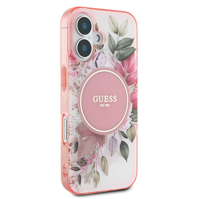Apple iPhone 16 Plus Kılıf Guess Orjinal Lisanslı Magsafe Şarj Özellikli IML Baskılı Yazı Logolu Flower Tonal Circle Kapak Pembe