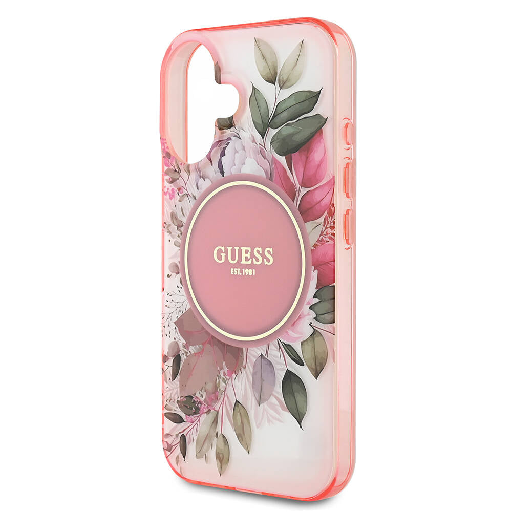 Apple iPhone 16 Plus Kılıf Guess Orjinal Lisanslı Magsafe Şarj Özellikli IML Baskılı Yazı Logolu Flower Tonal Circle Kapak Pembe