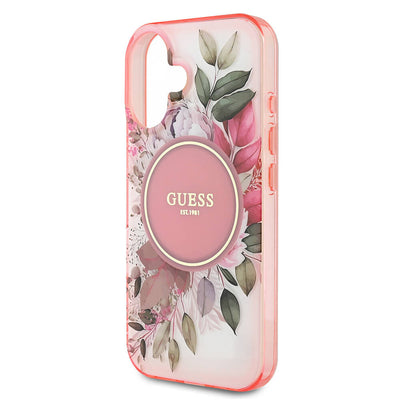 Apple iPhone 16 Plus Kılıf Guess Orjinal Lisanslı Magsafe Şarj Özellikli IML Baskılı Yazı Logolu Flower Tonal Circle Kapak Pembe