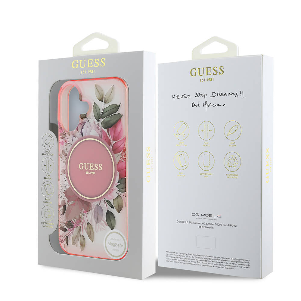 iPhone 16 Plus Kılıf Guess Orjinal Lisanslı M-safe Şarj Özellikli IML Baskılı Yazı Logolu Flower Tonal Circle Kılıf