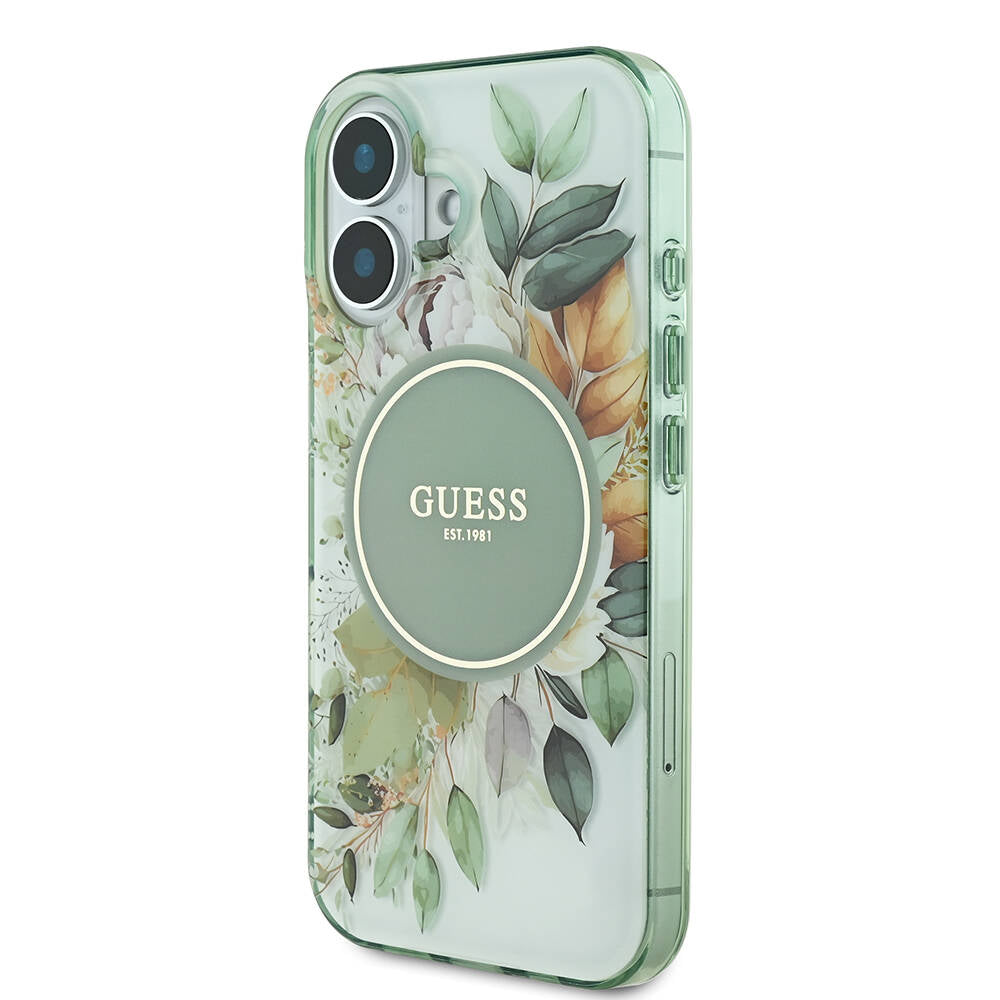 iPhone 16 Plus Kılıf Guess Orjinal Lisanslı M-safe Şarj Özellikli IML Baskılı Yazı Logolu Flower Tonal Circle Kılıf