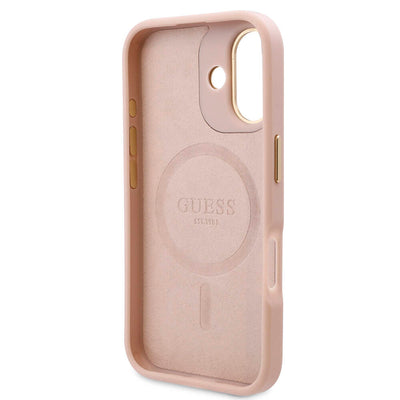Apple iPhone 16 Plus Kılıf Guess Orjinal Lisanslı Magsafe Şarj Özellikli PU 4G Desenli Metal Plaka Klasik Logolu Kapak Kahverengi