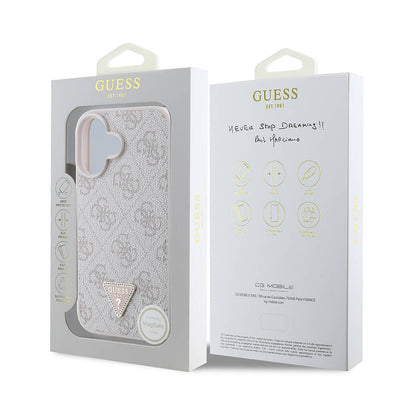 Apple iPhone 16 Plus Kılıf Guess Orjinal Lisanslı Magsafe Şarj Özellikli PU Deri 4G Desenli Taşlı Üçgen Logolu Kapak Pembe