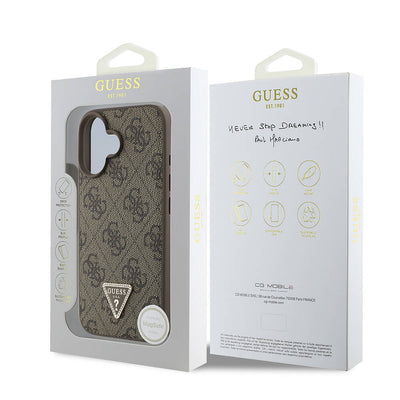 Apple iPhone 16 Plus Kılıf Guess Orjinal Lisanslı Magsafe Şarj Özellikli PU Deri 4G Desenli Taşlı Üçgen Logolu Kapak Pembe