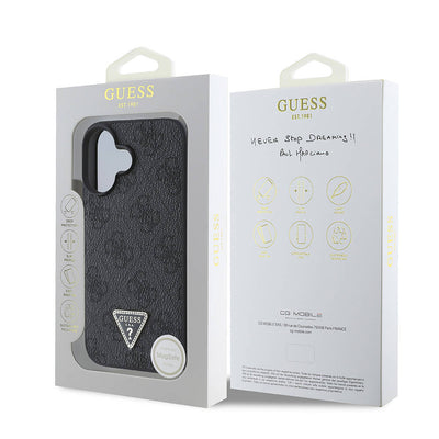 Apple iPhone 16 Plus Kılıf Guess Orjinal Lisanslı Magsafe Şarj Özellikli PU Deri 4G Desenli Taşlı Üçgen Logolu Kapak Pembe