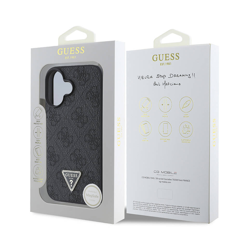 Apple iPhone 16 Plus Kılıf Guess Orjinal Lisanslı Magsafe Şarj Özellikli PU Deri 4G Desenli Taşlı Üçgen Logolu Kapak Kahverengi