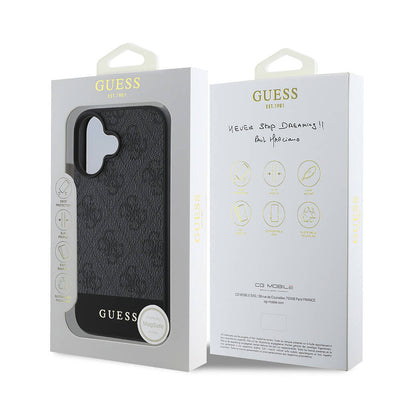 Apple iPhone 16 Plus Kılıf Guess Orjinal Lisanslı Magsafe Şarj Özellikli PU Deri Şerit Logo Dizaynlı Kapak Siyah