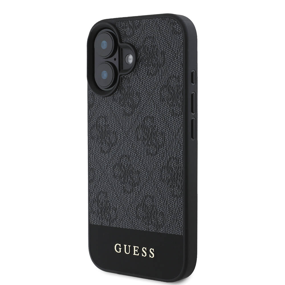 Apple iPhone 16 Plus Kılıf Guess Orjinal Lisanslı Magsafe Şarj Özellikli PU Deri Şerit Logo Dizaynlı Kapak Siyah
