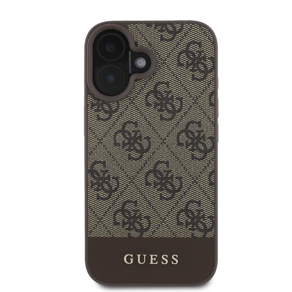 Apple iPhone 16 Plus Kılıf Guess Orjinal Lisanslı Magsafe Şarj Özellikli PU Deri Şerit Logo Dizaynlı Kapak Kahverengi