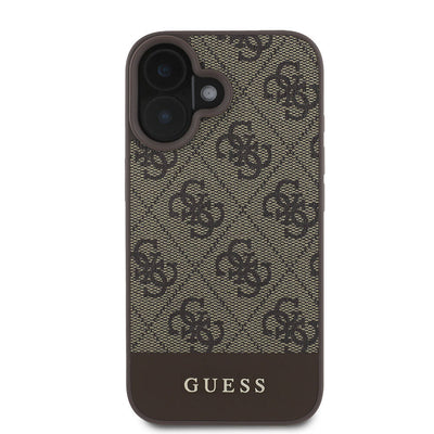 Apple iPhone 16 Plus Kılıf Guess Orjinal Lisanslı Magsafe Şarj Özellikli PU Deri Şerit Logo Dizaynlı Kapak Kahverengi