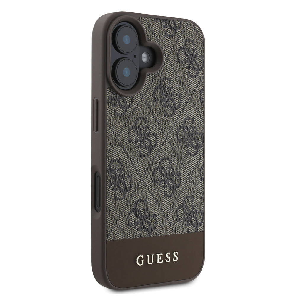 Apple iPhone 16 Plus Kılıf Guess Orjinal Lisanslı Magsafe Şarj Özellikli PU Deri Şerit Logo Dizaynlı Kapak Kahverengi