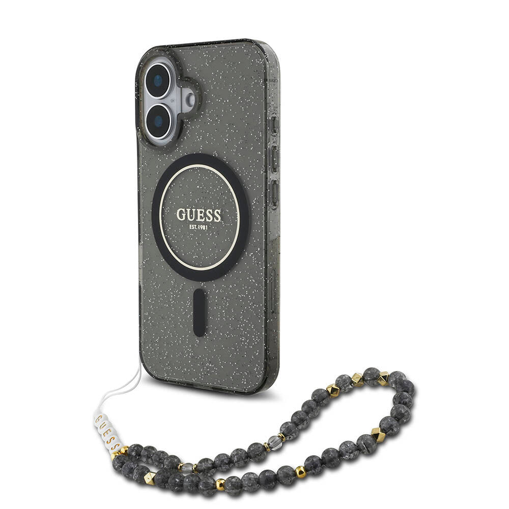 iPhone 16 Plus Kılıf Guess Orjinal Lisanslı M-safe Şarj Özellikli Simli Silikon İnci Bileklikli Kılıf