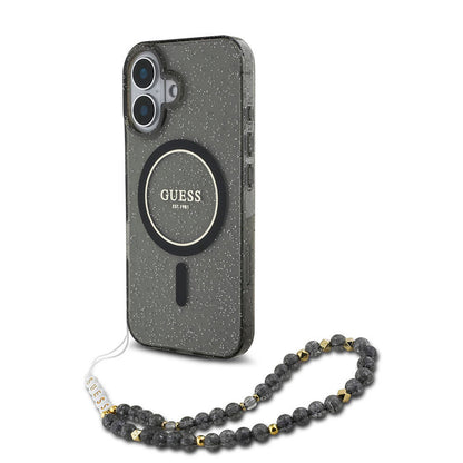 iPhone 16 Plus Kılıf Guess Orjinal Lisanslı M-safe Şarj Özellikli Simli Silikon İnci Bileklikli Kılıf