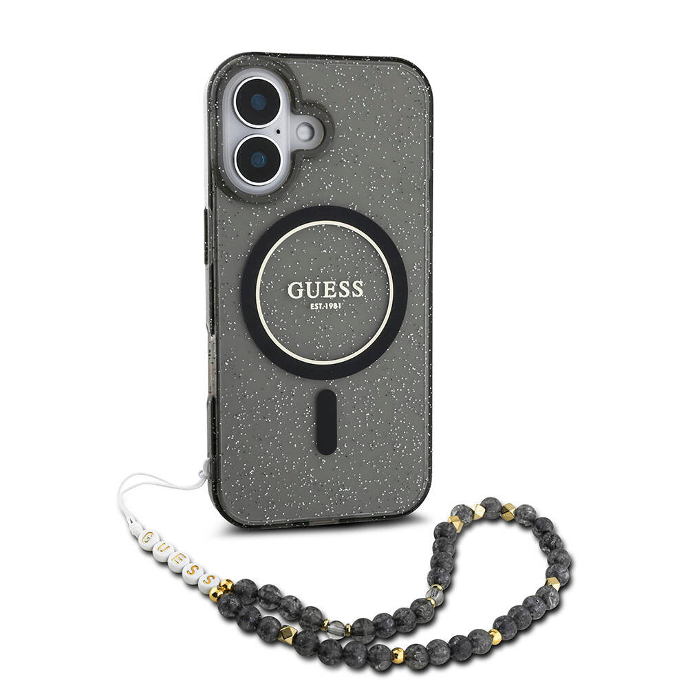 iPhone 16 Plus Kılıf Guess Orjinal Lisanslı M-safe Şarj Özellikli Simli Silikon İnci Bileklikli Kılıf