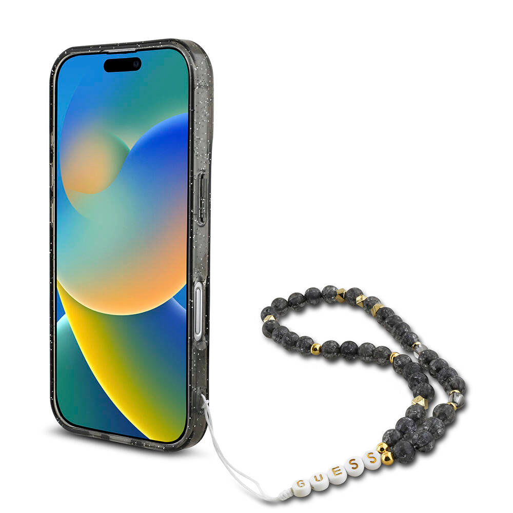 iPhone 16 Plus Kılıf Guess Orjinal Lisanslı M-safe Şarj Özellikli Simli Silikon İnci Bileklikli Kılıf