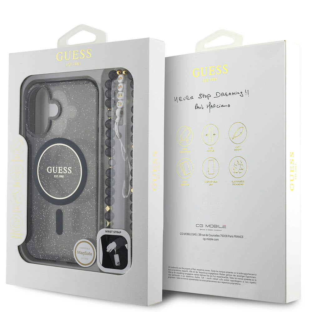Apple iPhone 16 Plus Kılıf Guess Orjinal Lisanslı Magsafe Şarj Özellikli Simli Silikon İnci Bileklikli Kapak Şeffaf