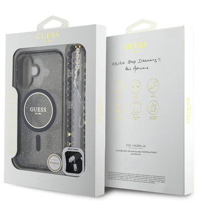 Apple iPhone 16 Plus Kılıf Guess Orjinal Lisanslı Magsafe Şarj Özellikli Simli Silikon İnci Bileklikli Kapak Şeffaf