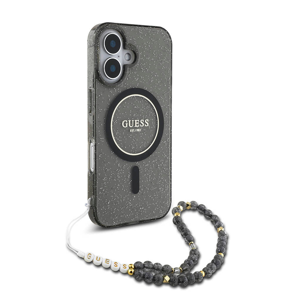 iPhone 16 Plus Kılıf Guess Orjinal Lisanslı M-safe Şarj Özellikli Simli Silikon İnci Bileklikli Kılıf