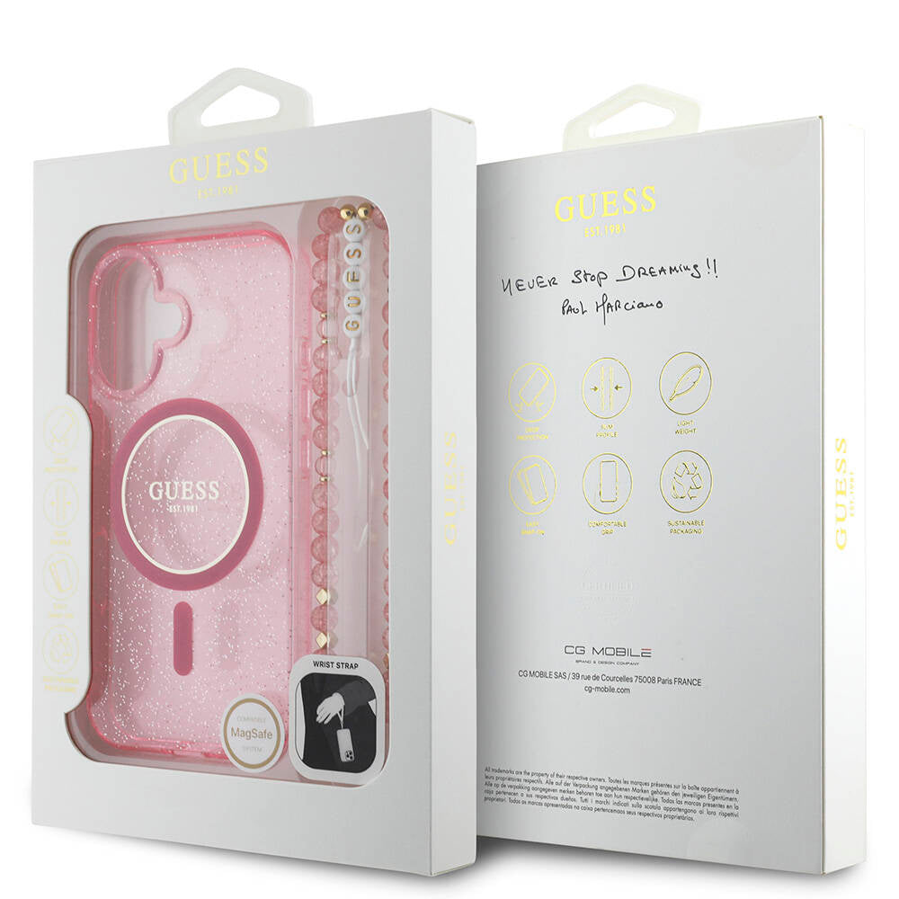 iPhone 16 Plus Kılıf Guess Orjinal Lisanslı M-safe Şarj Özellikli Simli Silikon İnci Bileklikli Kılıf
