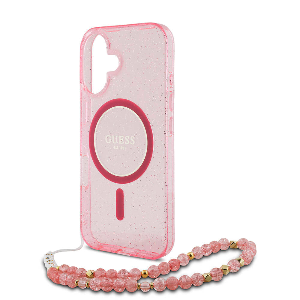 iPhone 16 Plus Kılıf Guess Orjinal Lisanslı M-safe Şarj Özellikli Simli Silikon İnci Bileklikli Kılıf