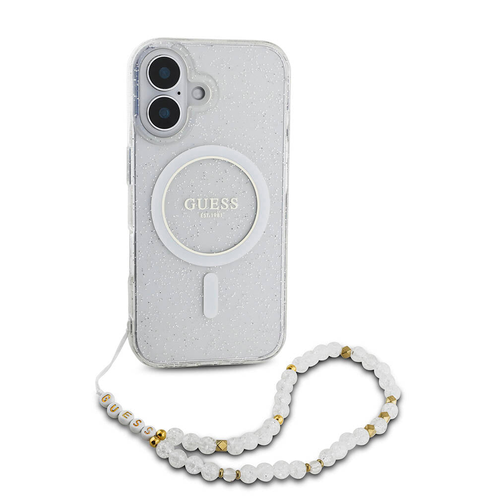 iPhone 16 Plus Kılıf Guess Orjinal Lisanslı M-safe Şarj Özellikli Simli Silikon İnci Bileklikli Kılıf