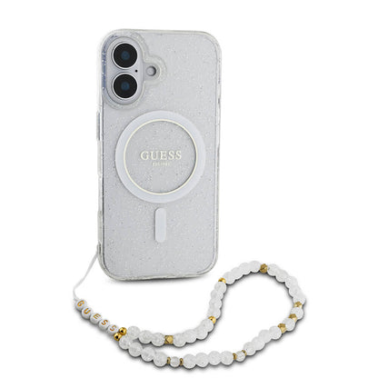 iPhone 16 Plus Kılıf Guess Orjinal Lisanslı M-safe Şarj Özellikli Simli Silikon İnci Bileklikli Kılıf