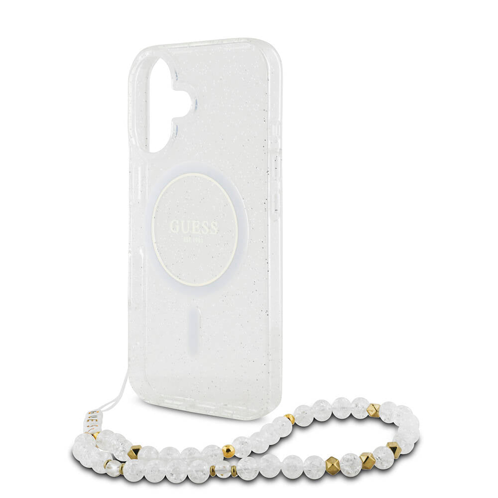 iPhone 16 Plus Kılıf Guess Orjinal Lisanslı M-safe Şarj Özellikli Simli Silikon İnci Bileklikli Kılıf