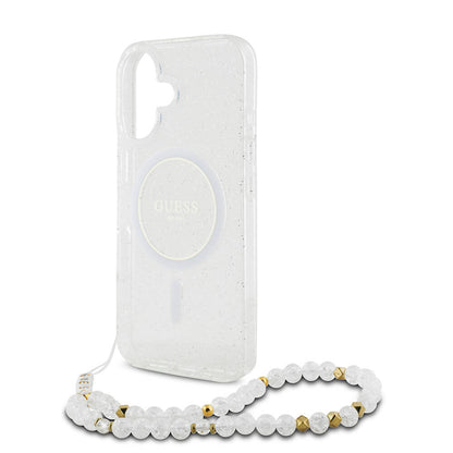 iPhone 16 Plus Kılıf Guess Orjinal Lisanslı M-safe Şarj Özellikli Simli Silikon İnci Bileklikli Kılıf