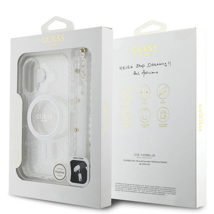 iPhone 16 Plus Kılıf Guess Orjinal Lisanslı M-safe Şarj Özellikli Simli Silikon İnci Bileklikli Kılıf