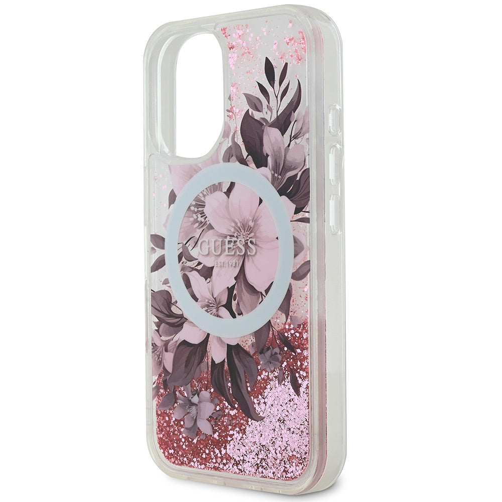 iPhone 16 Plus Kılıf Guess Orjinal Lisanslı M-safe Şarj Özellikli Sıvılı Simli Çiçek Desenli Kılıf
