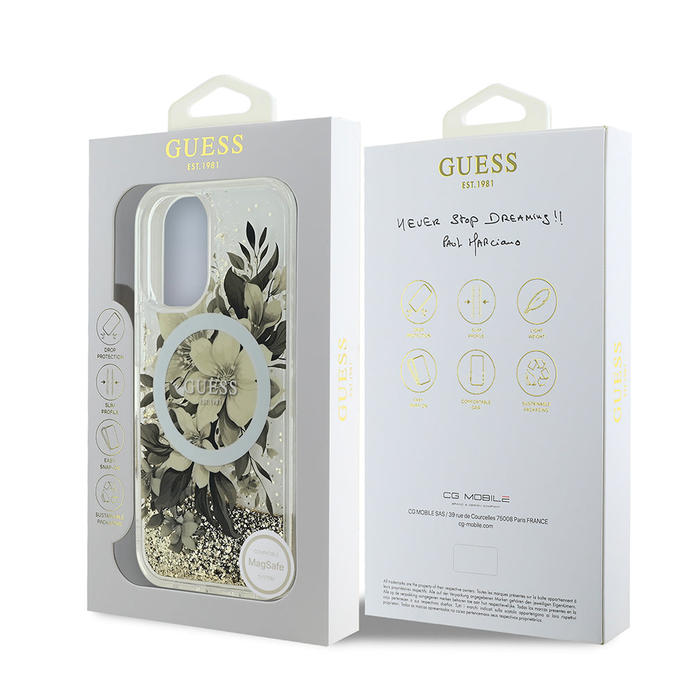 iPhone 16 Plus Kılıf Guess Orjinal Lisanslı M-safe Şarj Özellikli Sıvılı Simli Çiçek Desenli Kılıf