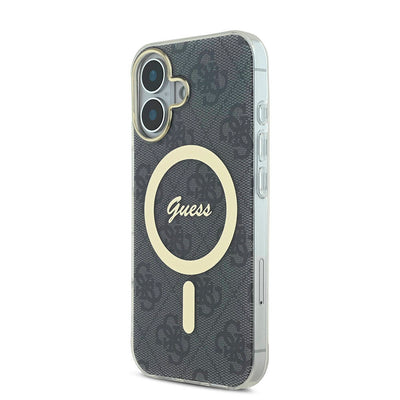 Apple iPhone 16 Plus Kılıf Guess Orjinal Lisanslı Magsafe Şarj Özellikli Yazı Logolu 4G Desenli Kapak Kahverengi
