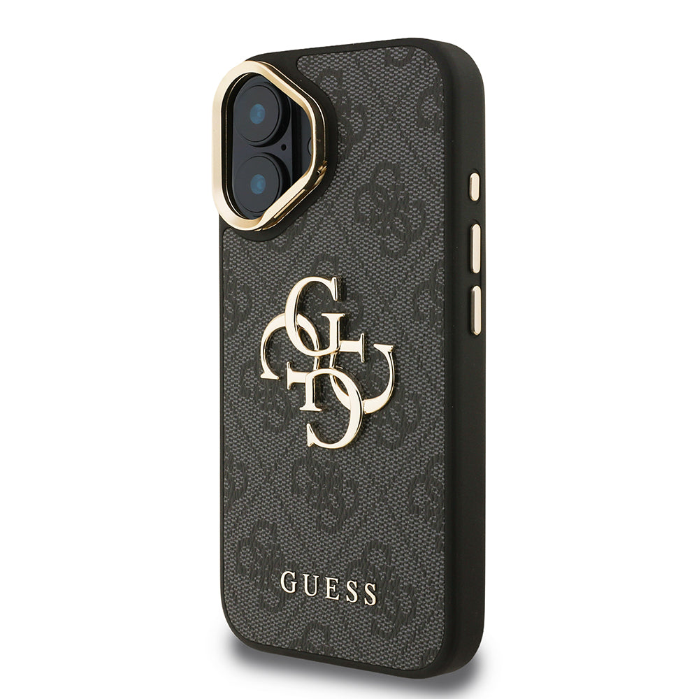 iPhone 16 Plus Kılıf Guess Orjinal Lisanslı PU Deri 4G Desenli Metal Büyük 4G ve Yazı Logolu Kamera Standlı Kılıf