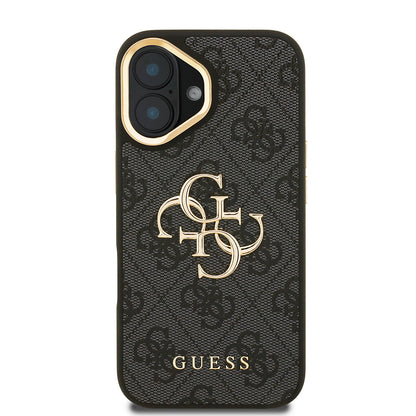 iPhone 16 Plus Kılıf Guess Orjinal Lisanslı PU Deri 4G Desenli Metal Büyük 4G ve Yazı Logolu Kamera Standlı Kılıf