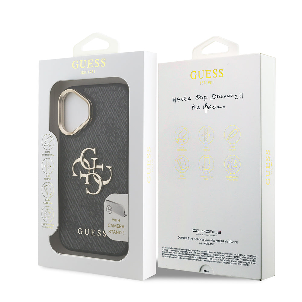 iPhone 16 Plus Kılıf Guess Orjinal Lisanslı PU Deri 4G Desenli Metal Büyük 4G ve Yazı Logolu Kamera Standlı Kılıf