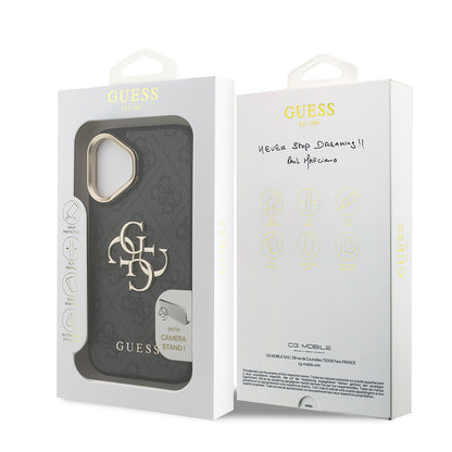 iPhone 16 Plus Kılıf Guess Orjinal Lisanslı PU Deri 4G Desenli Metal Büyük 4G ve Yazı Logolu Kamera Standlı Kılıf