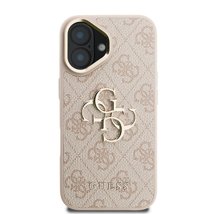 iPhone 16 Plus Kılıf Guess Orjinal Lisanslı PU Deri 4G Desenli Metal Büyük 4G ve Yazı Logolu Kamera Standlı Kılıf