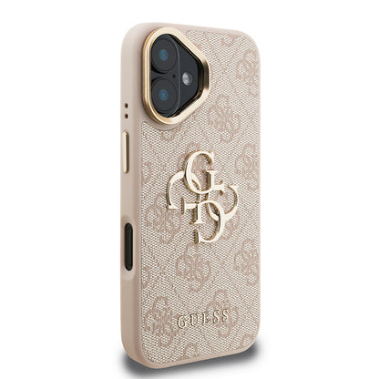 iPhone 16 Plus Kılıf Guess Orjinal Lisanslı PU Deri 4G Desenli Metal Büyük 4G ve Yazı Logolu Kamera Standlı Kılıf