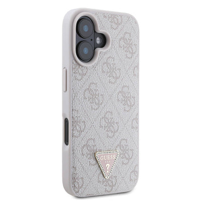 Apple iPhone 16 Plus Kılıf Guess Orjinal Lisanslı PU Deri Taşlı Metal Üçgen Logolu Çapraz Vücut Askılı 4G Desenli Kapak Kahverengi