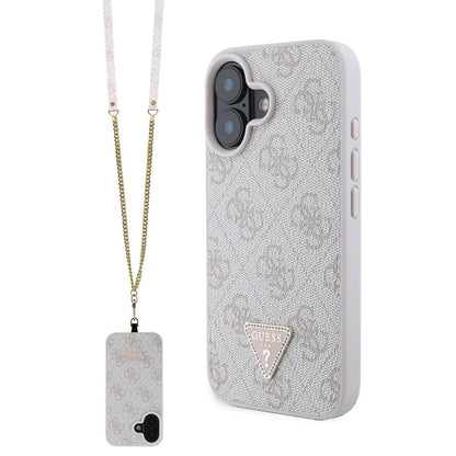 iPhone 16 Plus Kılıf Guess Orjinal Lisanslı PU Deri Taşlı Metal Üçgen Logolu Çapraz Vücut Askılı 4G Desenli Kılıf