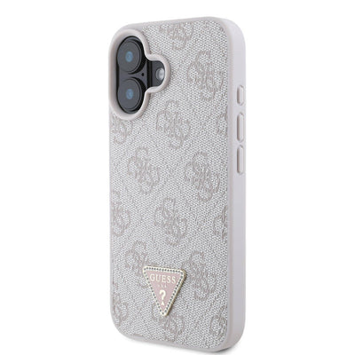 Apple iPhone 16 Plus Kılıf Guess Orjinal Lisanslı PU Deri Taşlı Metal Üçgen Logolu Çapraz Vücut Askılı 4G Desenli Kapak Pembe
